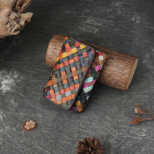 李記 | 原創手工真皮 | 彩虹編織い拼色短款錢包00544號
