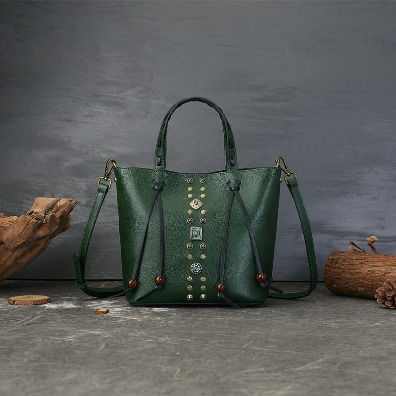 李記 | 原創手工真皮 | 復古撞色鉚釘水桶包1177號