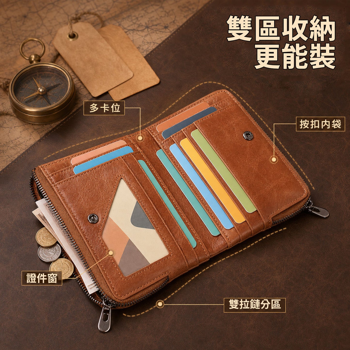李記 | 原創手工真皮 | 經典斜釘設計!水洗做舊牛皮短夾2080號
