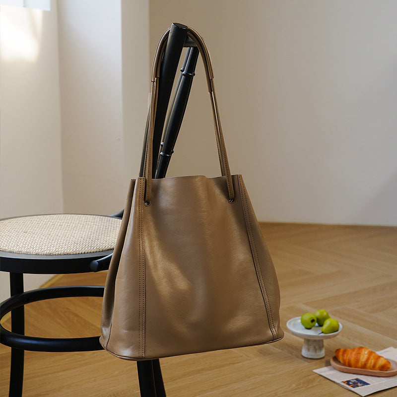 李記 | 原創手工真皮 | 高級感ハンド本革大容量純色托特包25019號