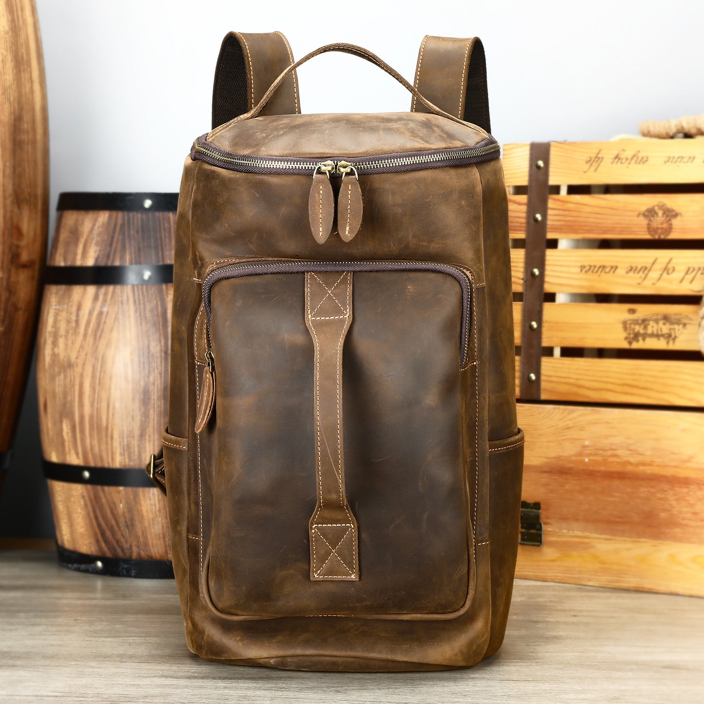 李記 | 原創真皮手工 | 歐美復古の瘋馬皮後背包3058號