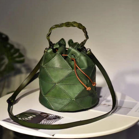 Li Ji | Original handmade leather | Vegetable tanned leather バケツ stitching geometric bucket bag No. 858
