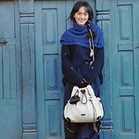 李記 | 原創手工真皮 | 鬆弛感~質感棉麻配皮後背包9468號