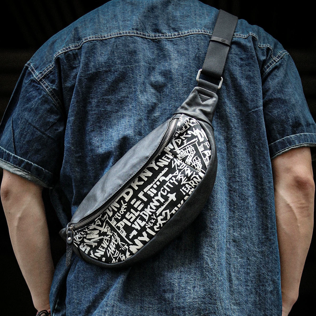 李記 | 原創手工真皮 | 黑白經典搭配の塗鴉胸包A8296號