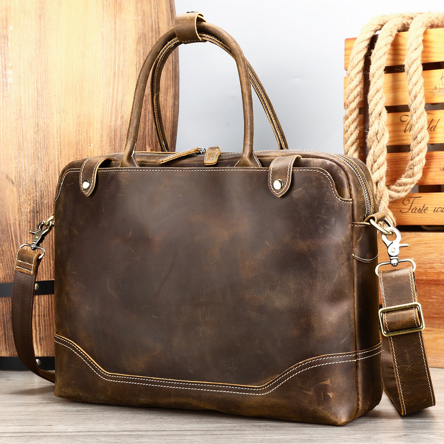 Li Ji | Original handmade genuine leather | Handmade mad cow leather briefcase No. 7375