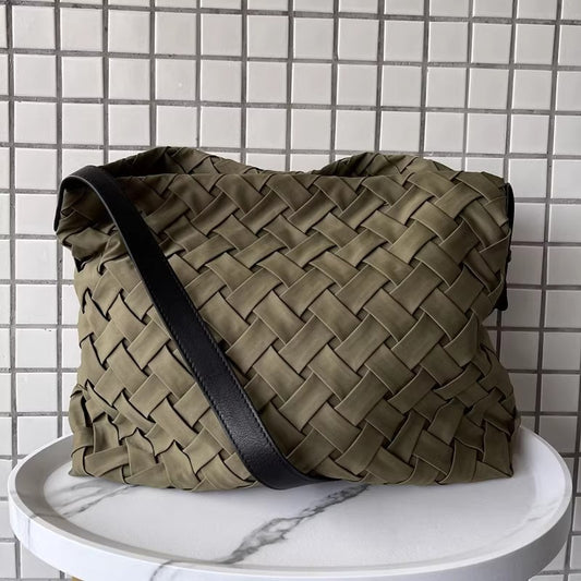 Li Ji | Original handmade genuine leather | Fake textured cotton with cow leather strap tote bag No. R462