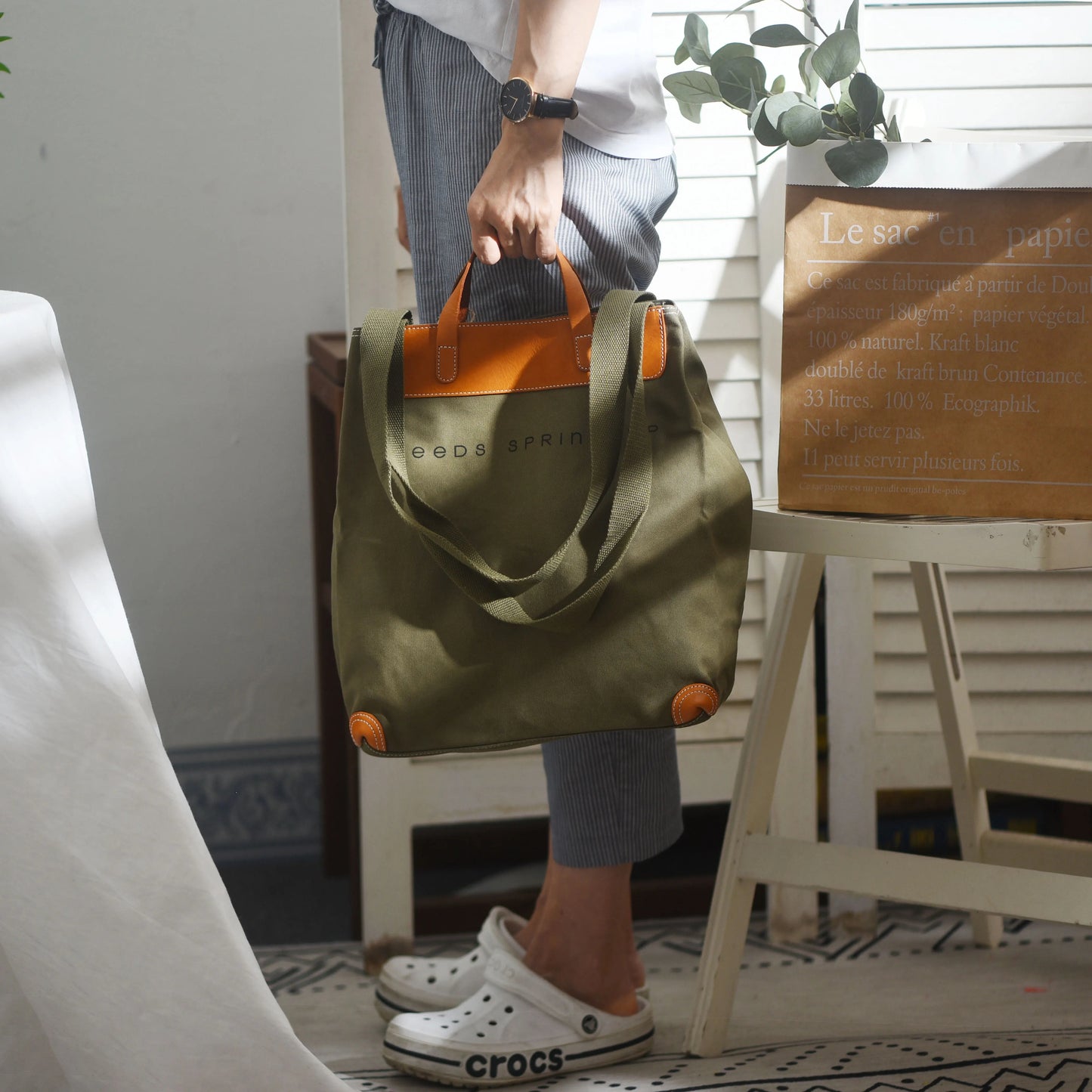 Li Ji | Original handmade leather | Japanese street art foldable shopping bag No. F123