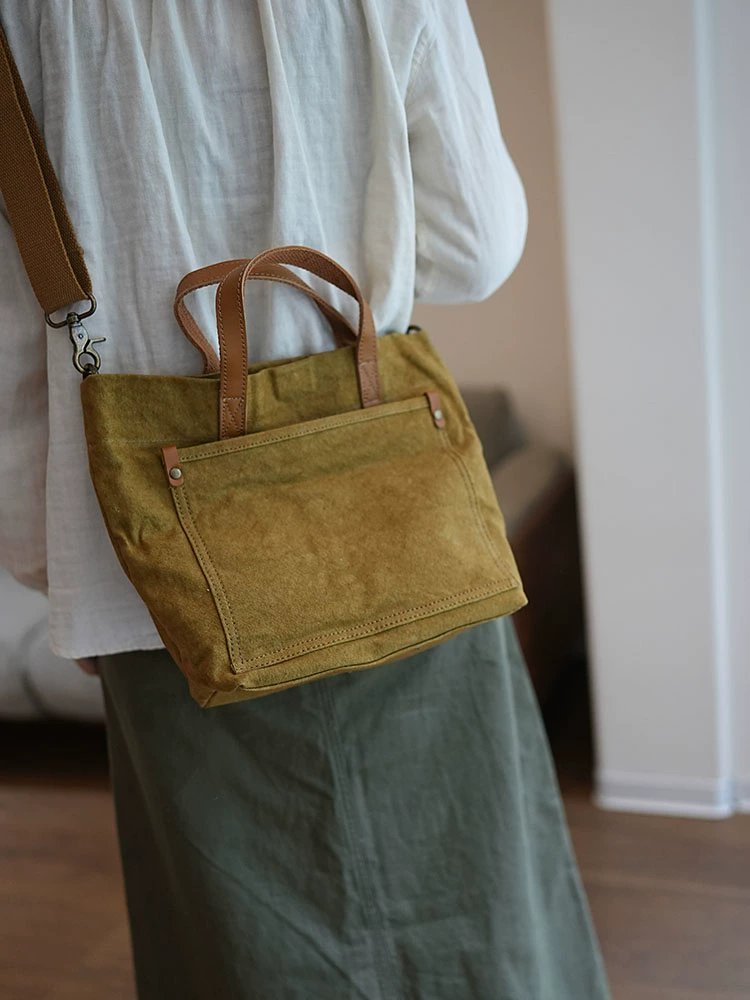 李記 | 原創手工真皮 | 文藝復古い水洗棉麻手提包ms118號