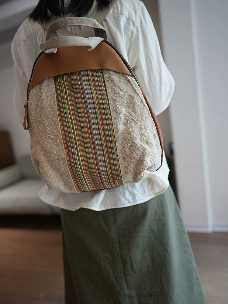 李記 | 原創手工真皮 | 彩色條紋棉麻拼接牛皮の後背包ms1810號