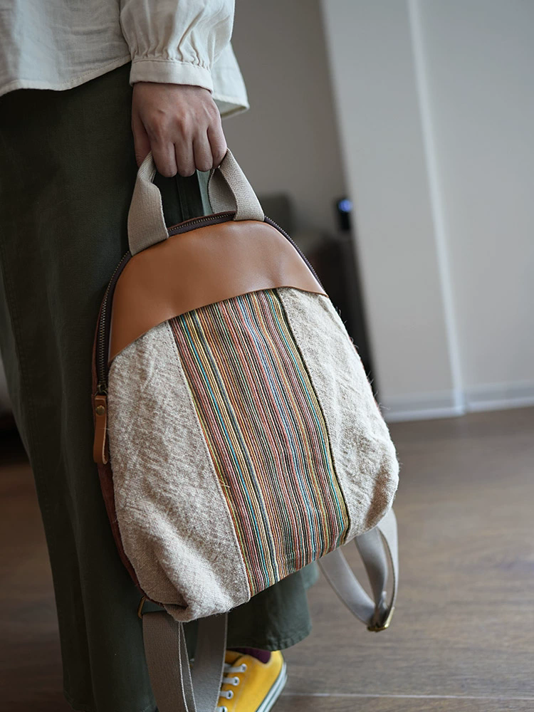 李記 | 原創手工真皮 | 彩色條紋棉麻拼接牛皮の後背包ms1810號