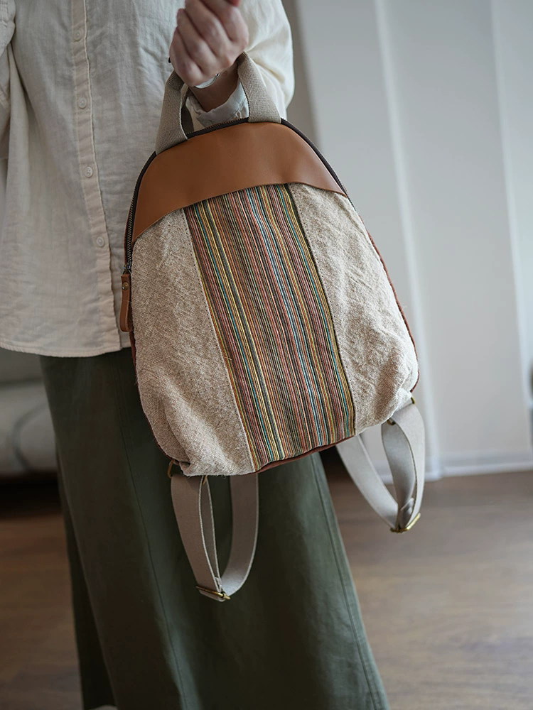 李記 | 原創手工真皮 | 彩色條紋棉麻拼接牛皮の後背包ms1810號