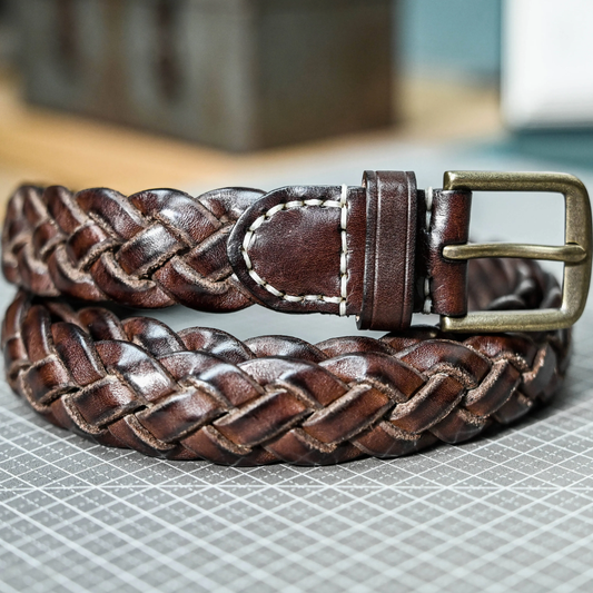 李記 | 原創手工真皮 | 三股編織 銅釦 復古水洗做舊皮帶ps126號