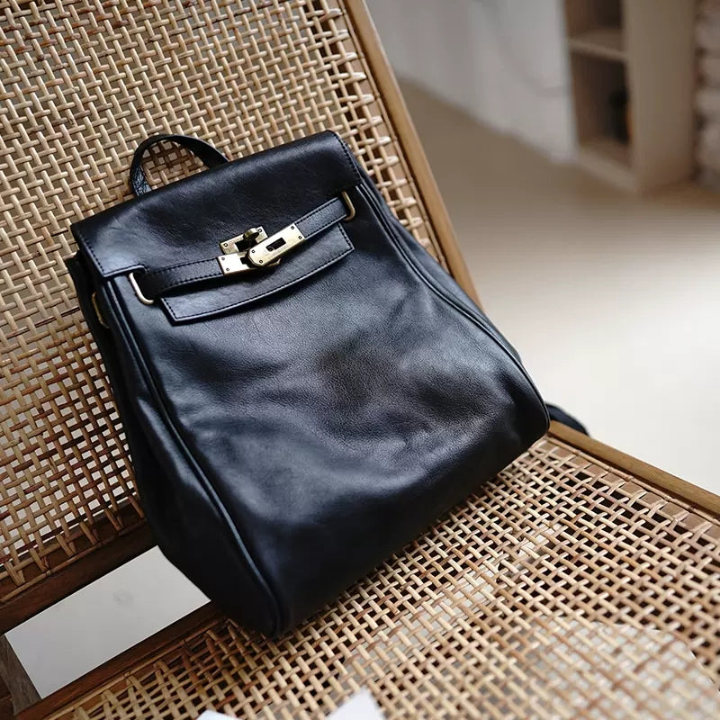 李記 | 原創手工 | 植鞣牛皮 優雅 復古 現在の傾向 女式鎖扣雙肩背包 M3611號