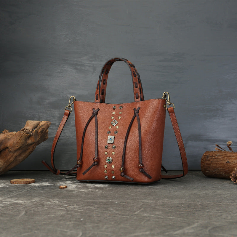 李記 | 原創手工真皮 | 復古撞色鉚釘水桶包1177號