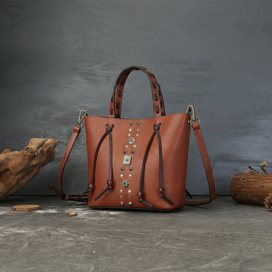 李記 | 原創手工真皮 | 復古撞色鉚釘水桶包1177號