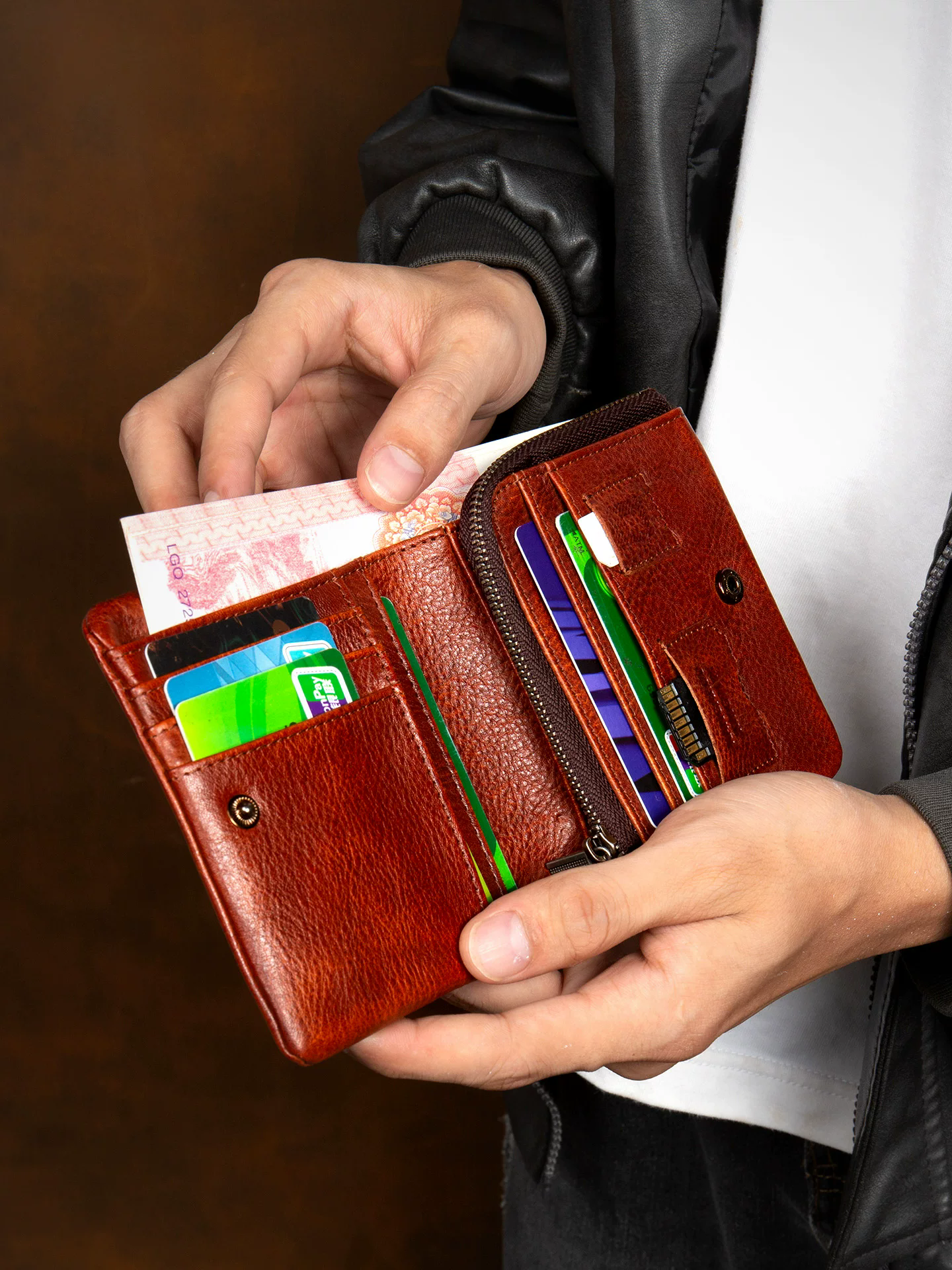 李記 | 原創手工真皮 | 手作業で色を拭く本革カ短錢包2147號