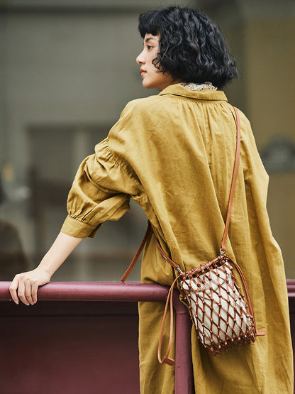 Li Ji |. หนังแท้ทำมือดั้งเดิม |. กระเป๋าใบเล็กทรงเรขาคณิตถักด้วยมือ グ縦. 