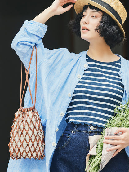 Li Ji |. หนังแท้ทำมือดั้งเดิม |. กระเป๋าใบเล็กทรงเรขาคณิตถักด้วยมือ グ縦. 