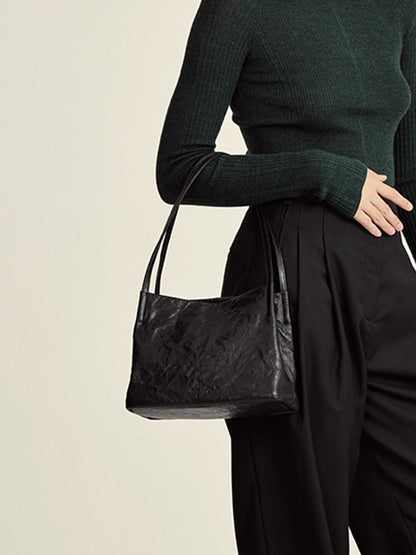 李記 | 原創手工真皮 | 頭層手抓紋 輕便休閒黑色購物包528號