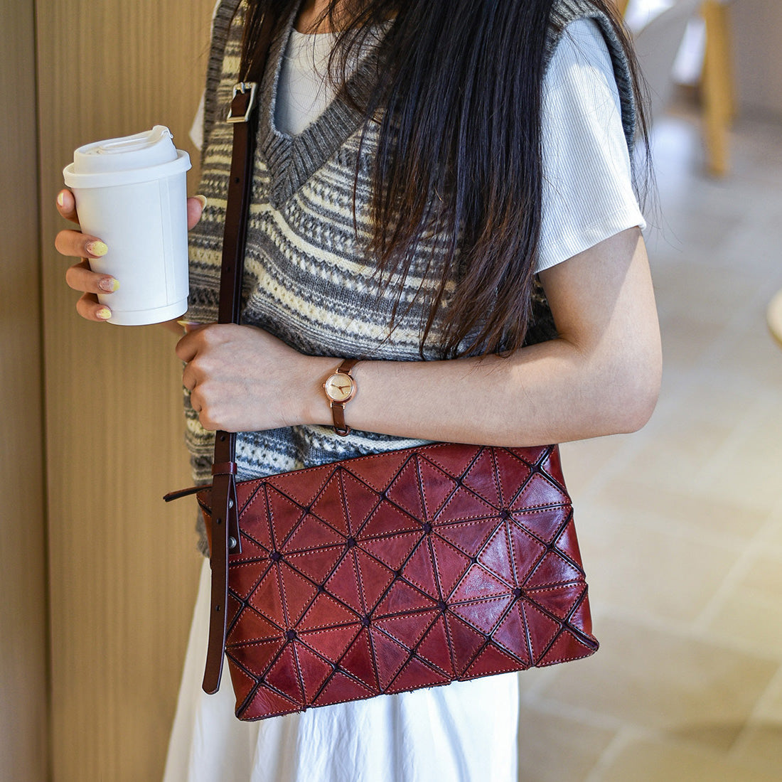 李記 | 原創手工真皮 | 日系い菱格幾何の斜唄包5939號