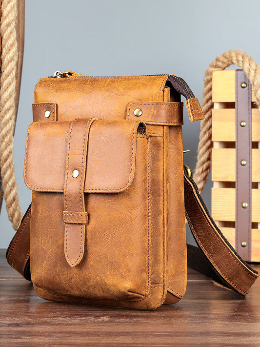 李記 | 原創手工真皮 | 豎款瘋馬皮カジュアル小挎包6142號