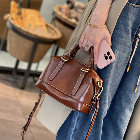 Li Ji | Original handmade genuine leather | Vegetable tanned cow leather three-dimensional vintage Boston bag No. 77123 