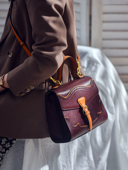 李記 | 原創手工真皮 | 英倫復古の雕花撞色斜唄包8314號