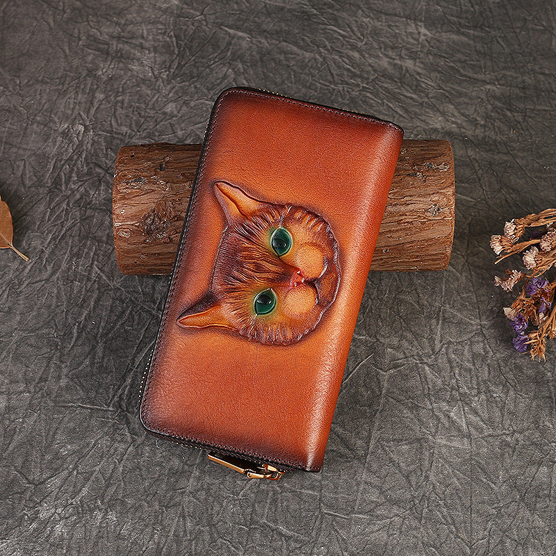 李記 | 原創手工真皮 | 猫咪壓花の多卡位拉鏈包9734號