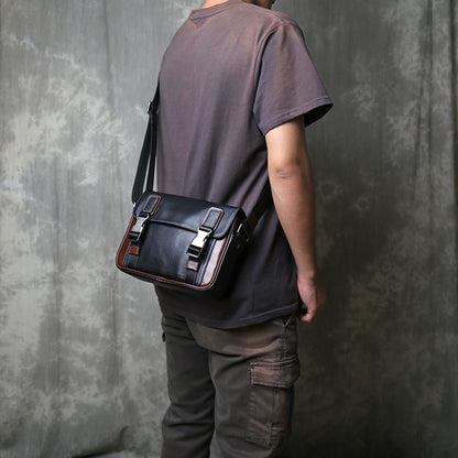 李記 | 原創手工真皮 | 流行拼色バ男士休閒の郵差包D8027號