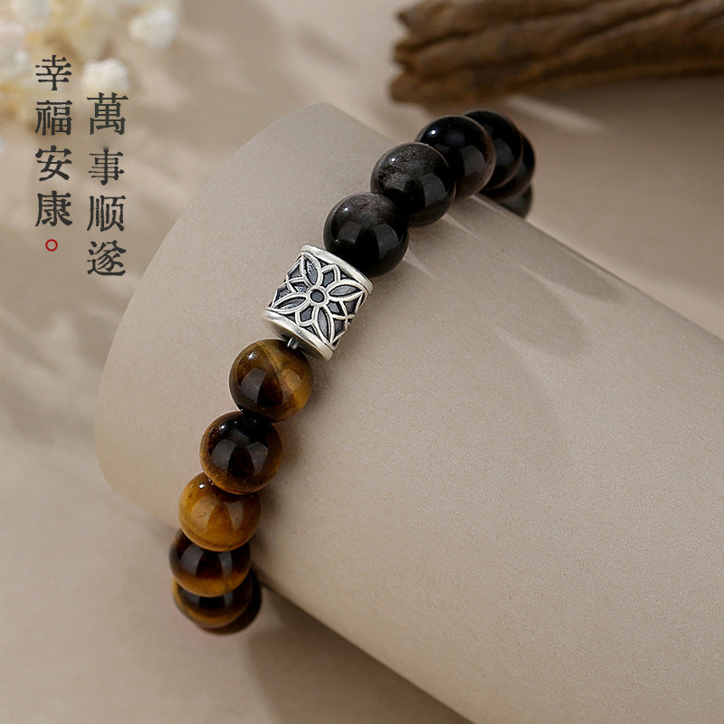 李記 | 原創手工真皮 | 招財穩運 黃虎眼石黑曜石男士手串DQ0908S號
