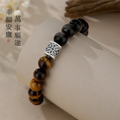 李記 | 原創手工真皮 | 招財穩運 黃虎眼石黑曜石男士手串DQ0908S號