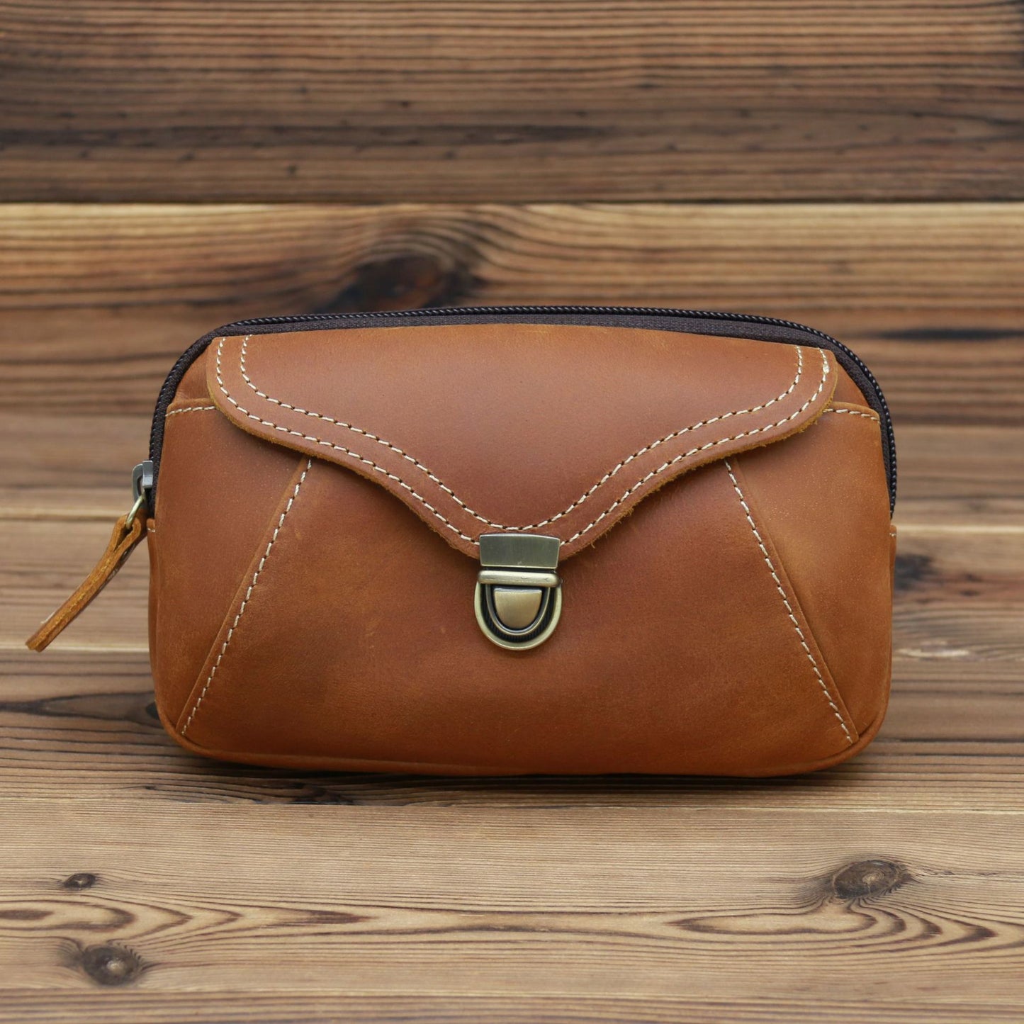 李記 | 原創真皮手工 |  掛腰帶手拿包 男式橫款腰包 20163號