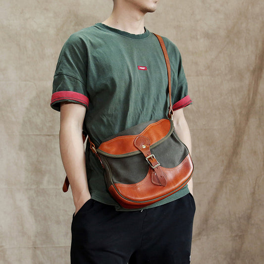 李記 | 原創手工真皮 | 美式複古 加厚油蠟 植鞣牛皮+帆布ロ増粘オ斜め跨馬鞍包 565號