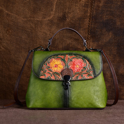 【李記原創真皮】 頭層牛皮女包壓花復古手工擦色 WX177號