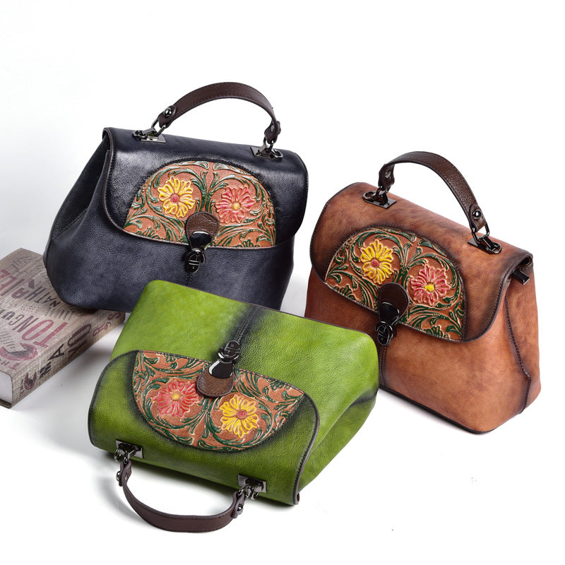 【李記原創真皮】 頭層牛皮女包壓花復古手工擦色 WX177號