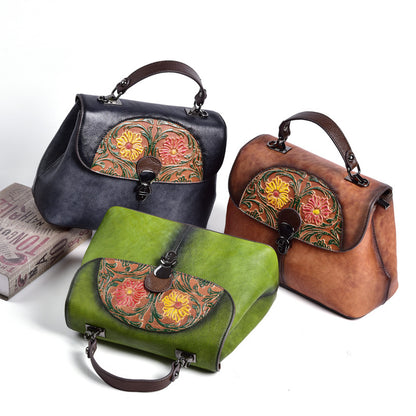 【李記原創真皮】 頭層牛皮女包壓花復古手工擦色 WX177號