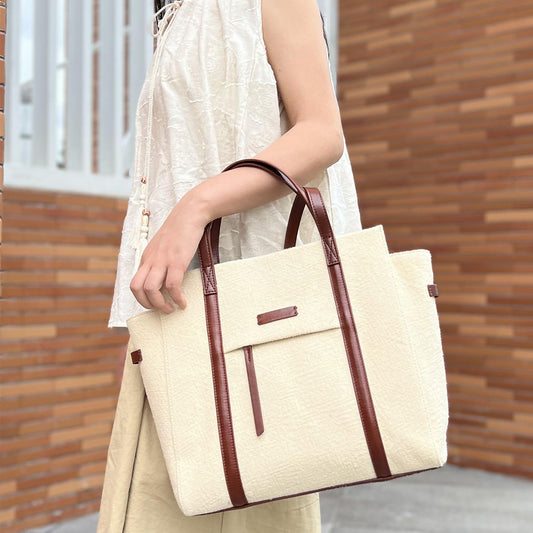 Li Ji |. กระเป๋าถือผ้าฝ้ายและผ้าลินินสไตล์วิทยาลัยสีตัดกัน m7900