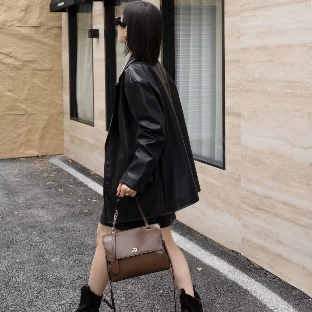 李記 | 原創手工真皮 | 韓版い頭層爆裂紋牛皮で手提包wy6012號