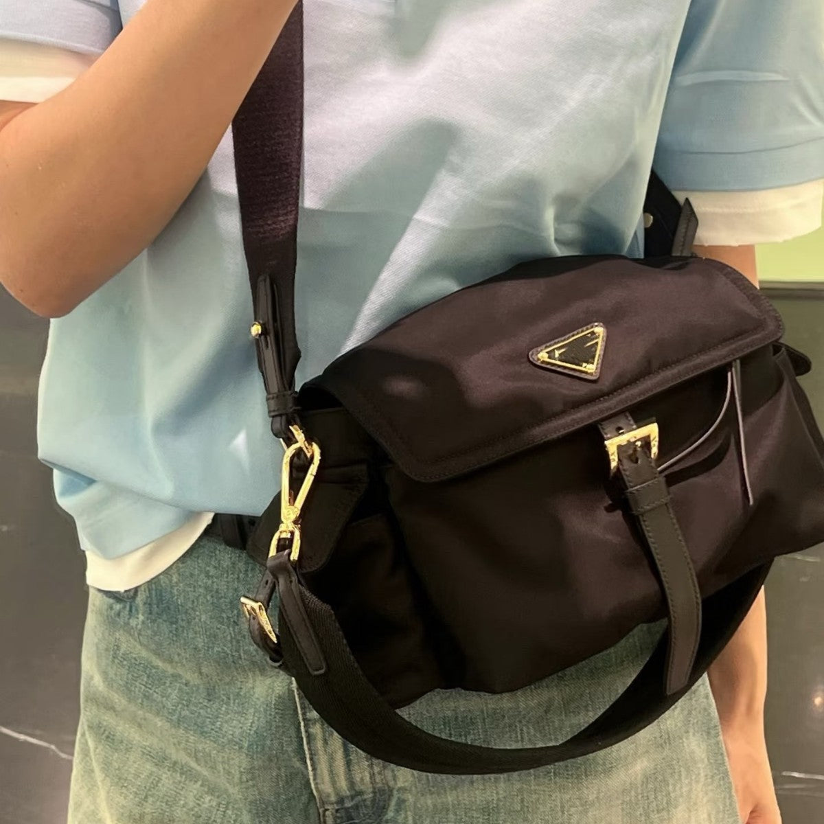 李記 | 原創手工真皮 | 復刻版~進口尼龍布拼牛皮の情侶款郵差包hs248號