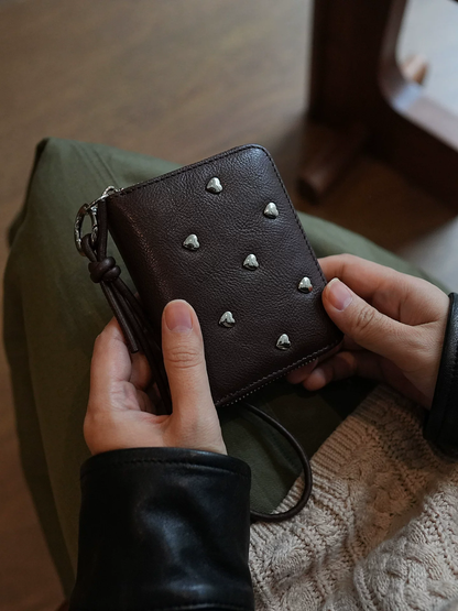 李記 | 原創手工真皮 | 愛心鉚釘の短款兩折拉鍊零錢包ls91號