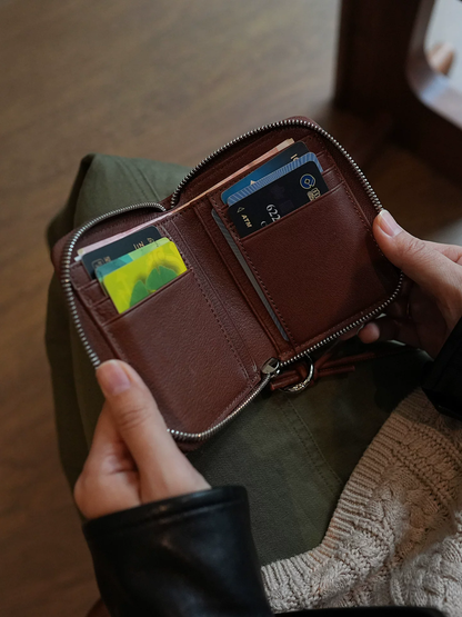 李記 | 原創手工真皮 | 愛心鉚釘の短款兩折拉鍊零錢包ls91號