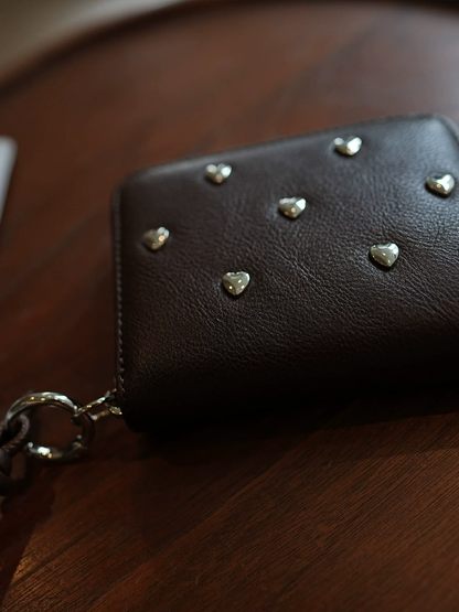 李記 | 原創手工真皮 | 愛心鉚釘の短款兩折拉鍊零錢包ls91號