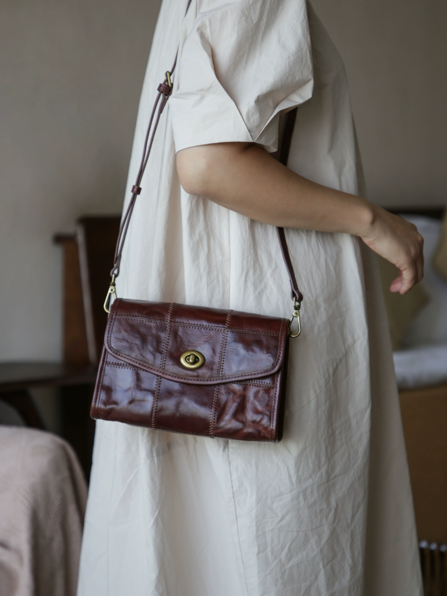 李記 | 原創手工真皮 | 法式溫柔の拼接信封包m299號