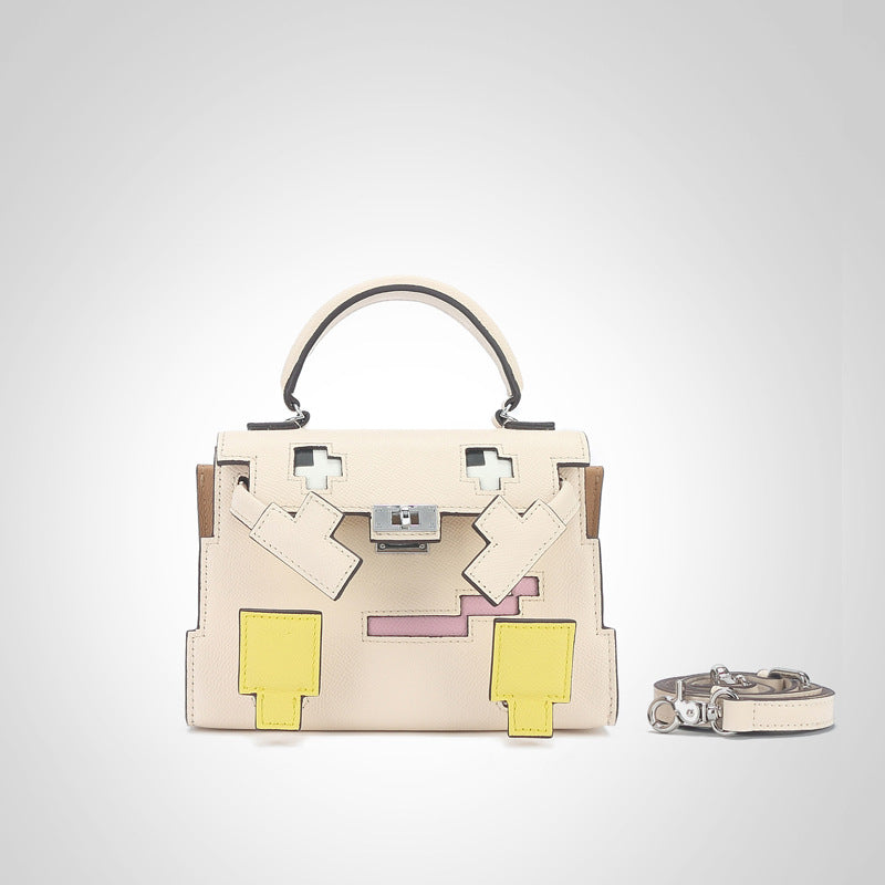 Li Ji |. กระเป๋าหนังแท้แฮนด์เมด |. กระเป๋า Kelly monster สีหวานและตัดกัน No.m635 