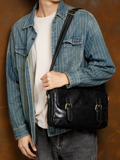 李記 | 原創手工真皮 | 雙扣帶車縫線の單肩包ms2298號