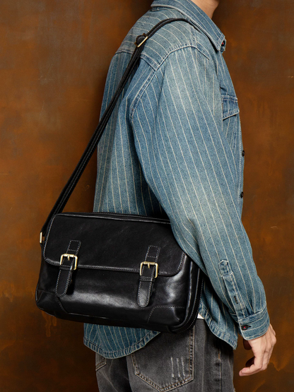 李記 | 原創手工真皮 | 雙扣帶車縫線の單肩包ms2298號