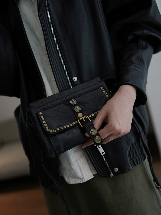 李記 | 原創手工真皮 | 復古鉚釘雙層小方包ms256號