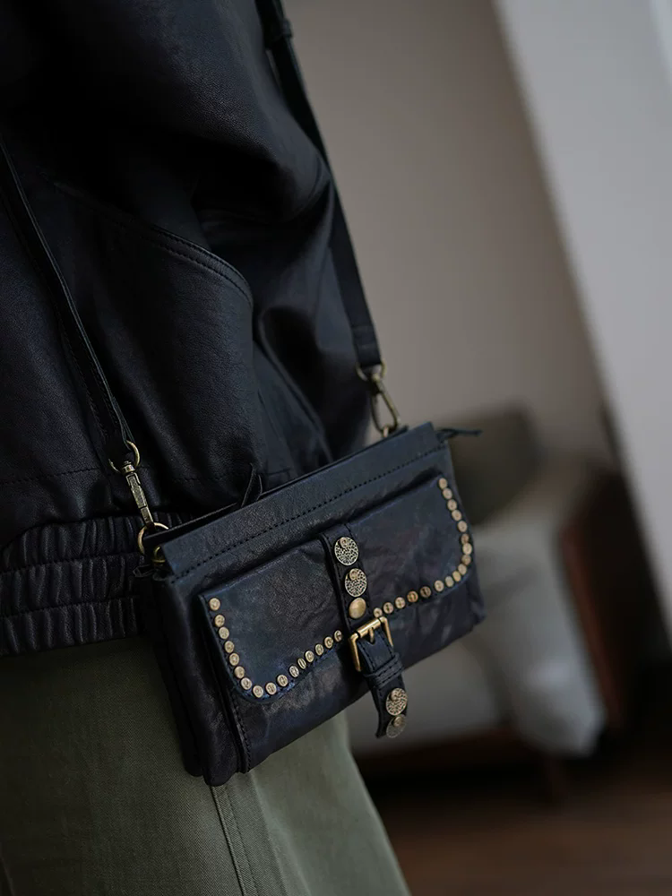 李記 | 原創手工真皮 | 復古鉚釘雙層小方包ms256號