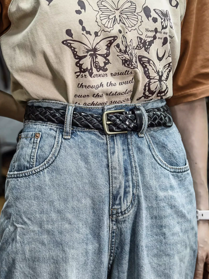 李記 | 原創手工真皮 | 三股編織 銅釦 復古水洗做舊皮帶ps126號