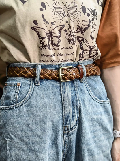 李記 | 原創手工真皮 | 三股編織 銅釦 復古水洗做舊皮帶ps126號